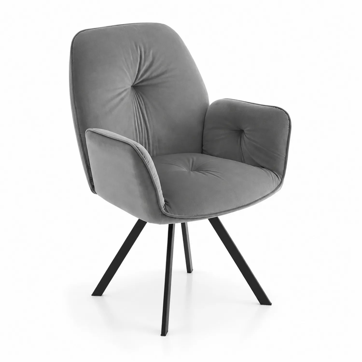 Chaise en velours avec accoudoirs et pieds métalliques noirs