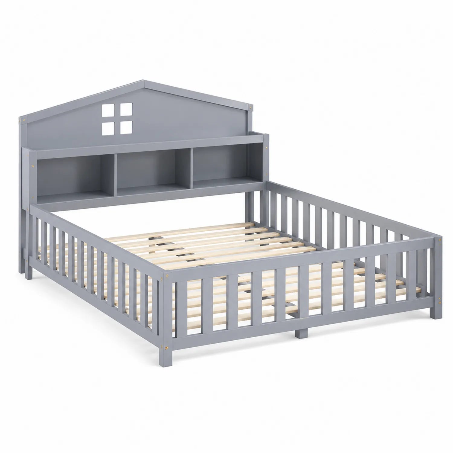 Lit en bois gris avec étagères intégrées