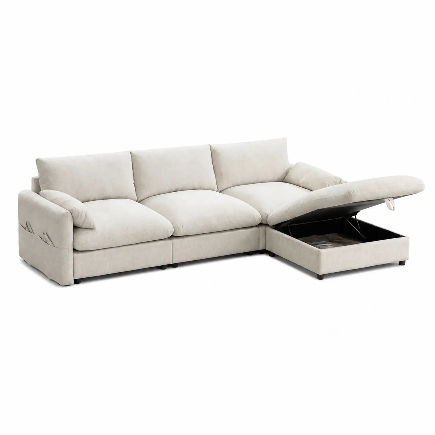Canapé d'angle réversible en tissu beige avec rangement 250cm x 150cm x 90cm