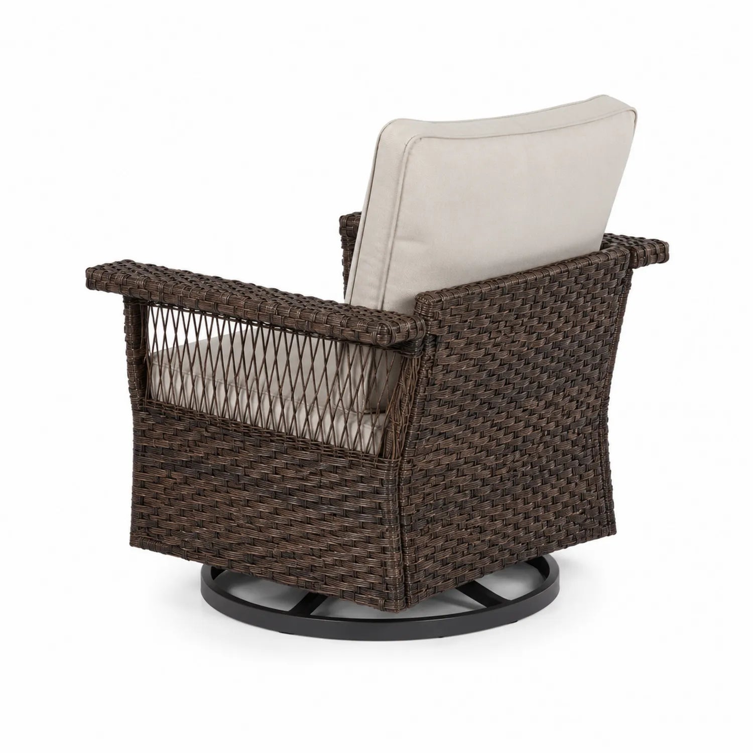 Fauteuil pivotant en rotin synthétique brun avec coussins en polyester beige