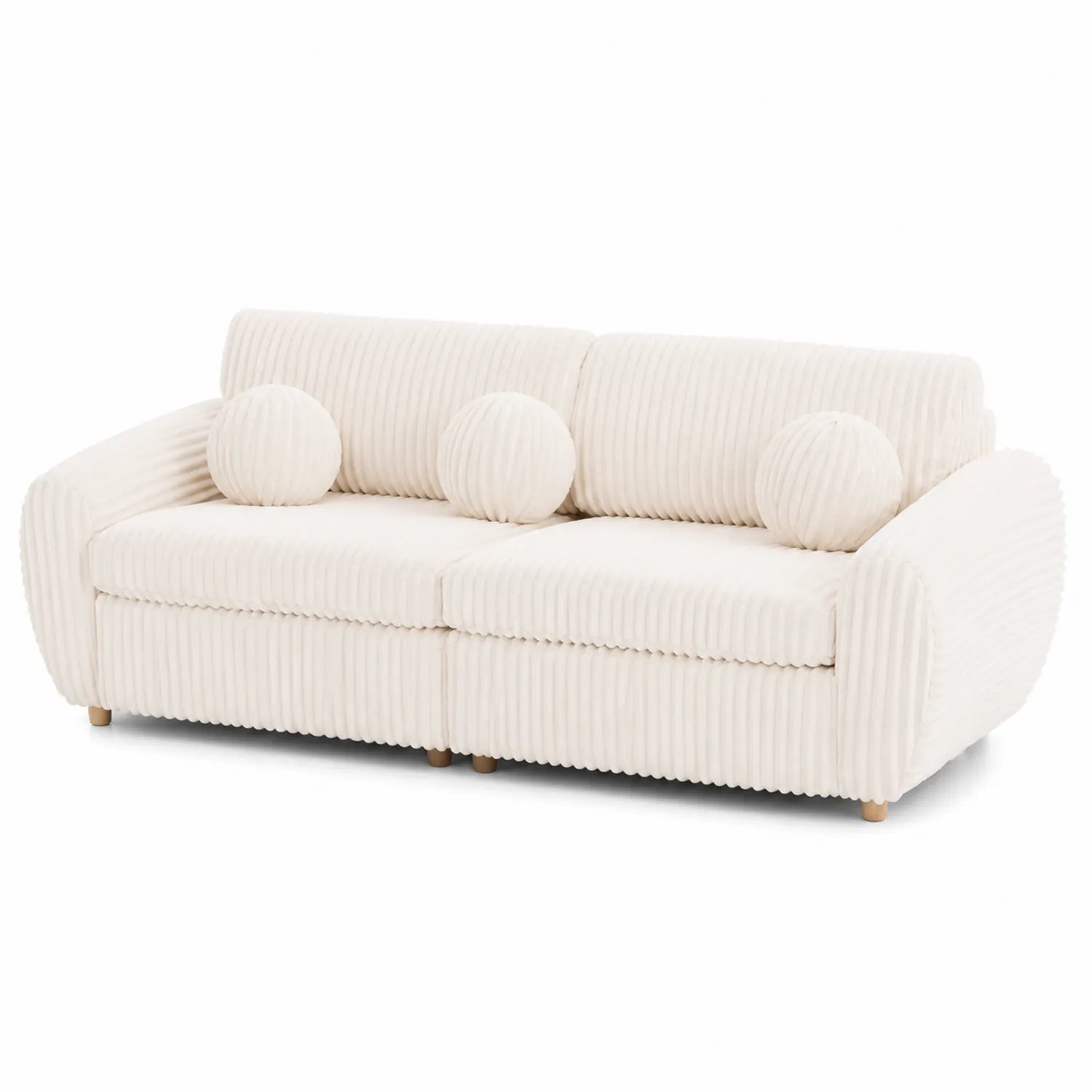Canapé 3 Places en Tissu Côtelé Beige avec Coussins Ronds