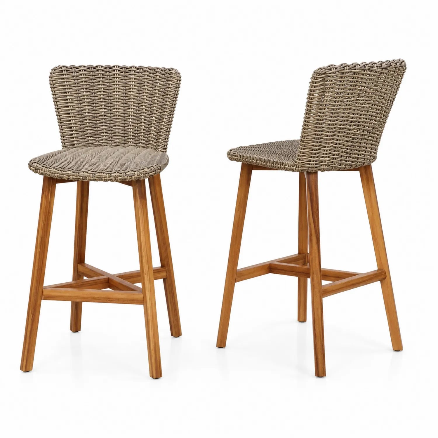 Tabourets de Bar en Résine Tressée Beige et Bois d'Acacia Ensemble de 2