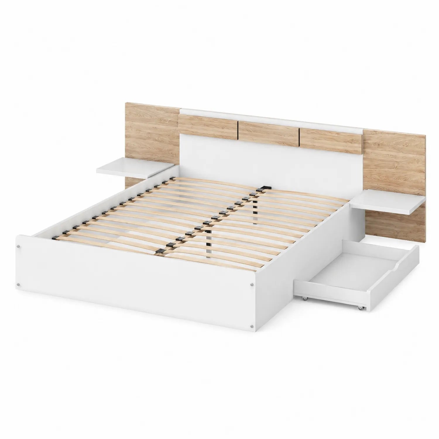 Lit double en bois avec tête de lit et tiroirs