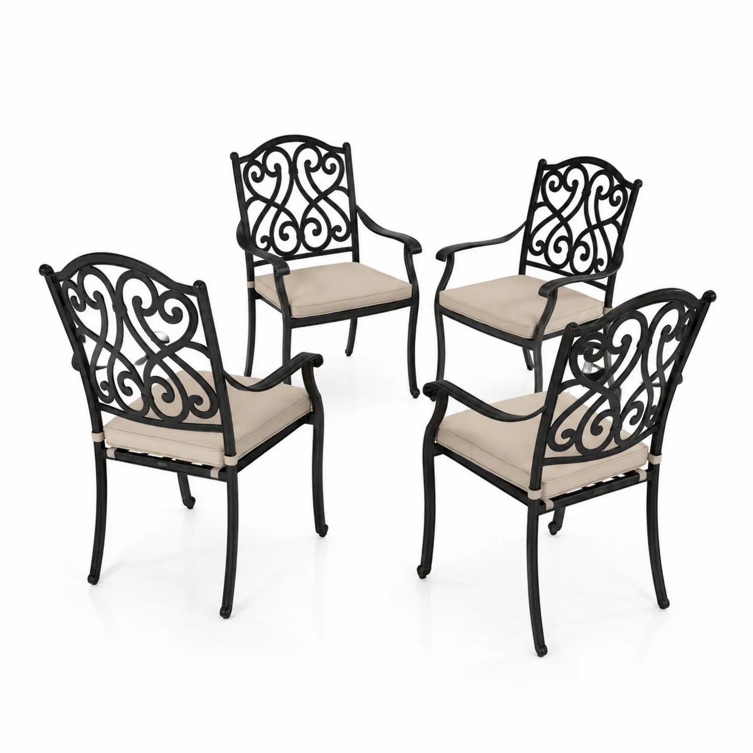 Ensemble de 4 Chaises de Jardin en Métal Noir avec Coussin Beige